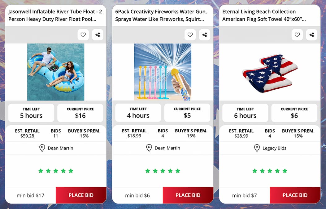 Three live Nellis Auction listings: USA 250 Years American Flag Shirt, Traeger Pro 34 Electric Wood Pellet Grill, and 150-piece 4th of July Patriotic Decorations set.