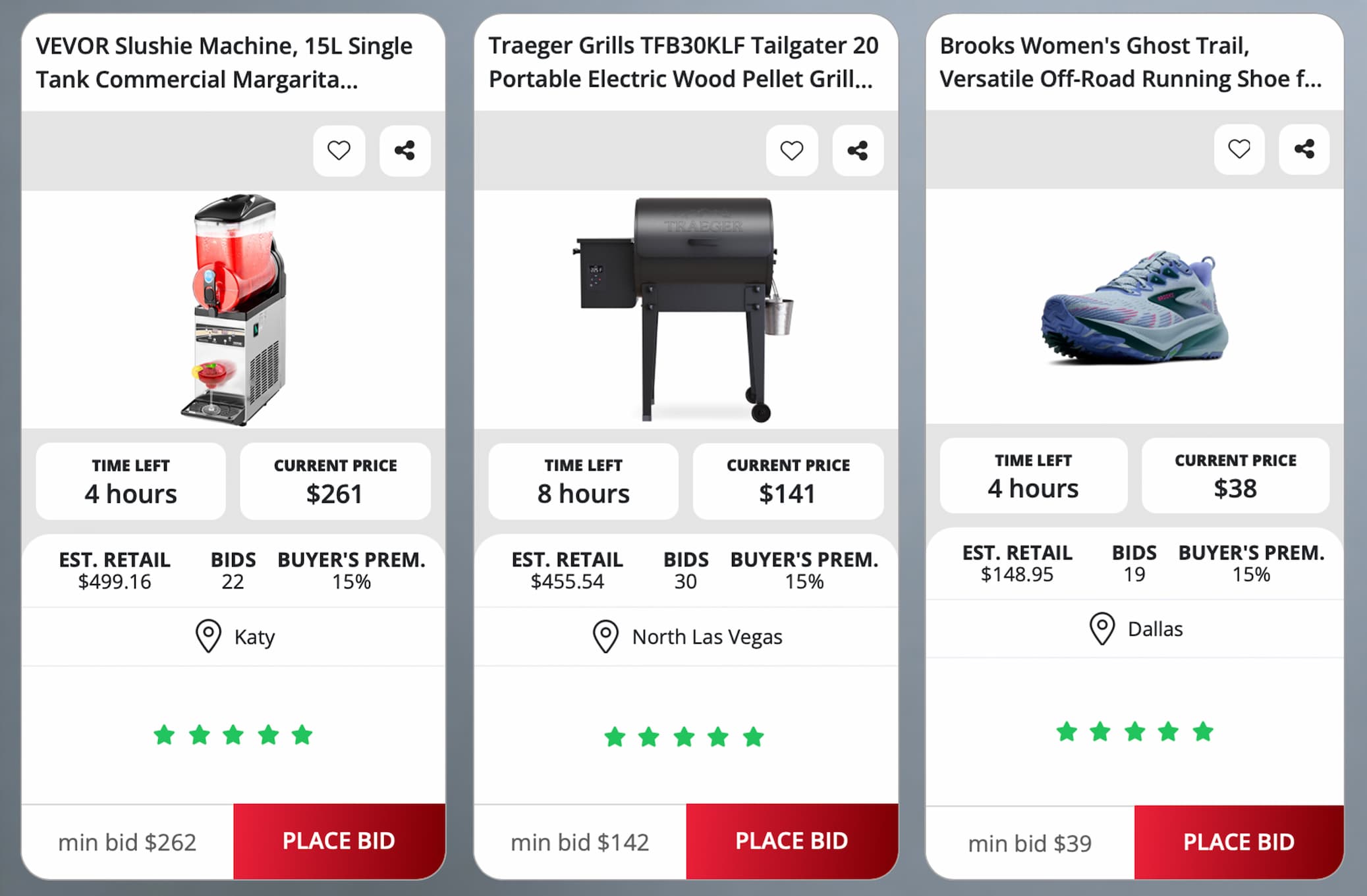 Three live Nellis Auction listings: VEVOR Slushie Machine, Traeger Tailgater Grill, and Brooks Ghost Trail Running Shoes.