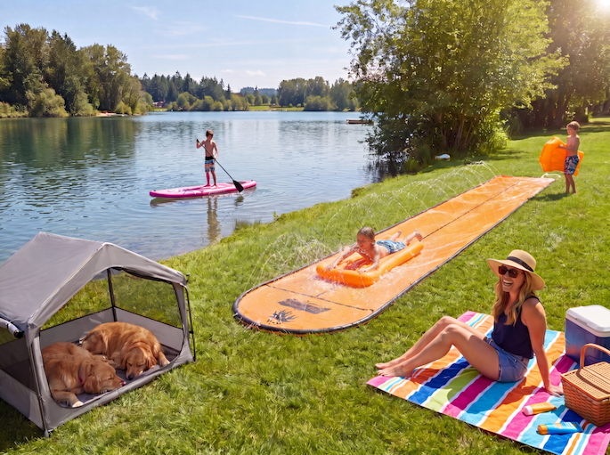 Summer essentials including tents, swamp coolers, and paddle boards.