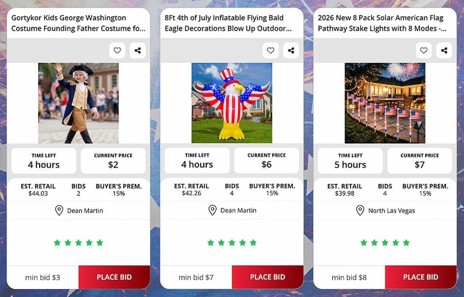 Three live Nellis Auction listings: Gortykor Kids George Washington Costume, 8Ft Inflatable Flying Bald Eagle, and 8-Pack Solar American Flag Pathway Stake Lights.