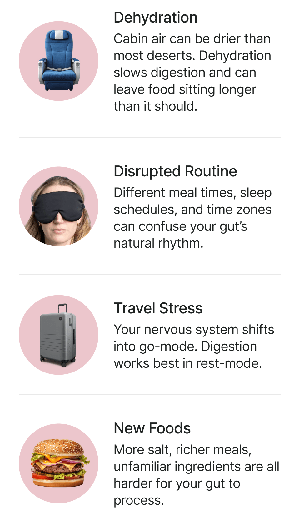 Dehydration, Disrupted Routine, Travel Stress, New Foods.