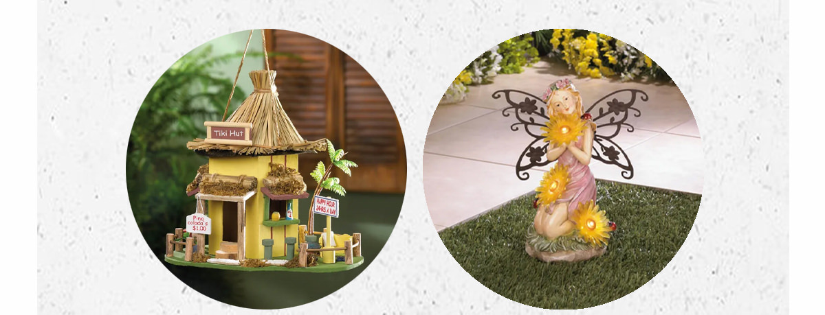 Tropical Tiki Hut Birdhouse, Garden Blooms Fairy Solar Statue | SHOP NOW
