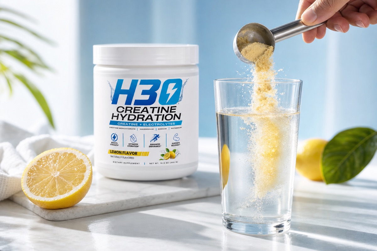A scoop of H3O mixed into a glass of water in morning light