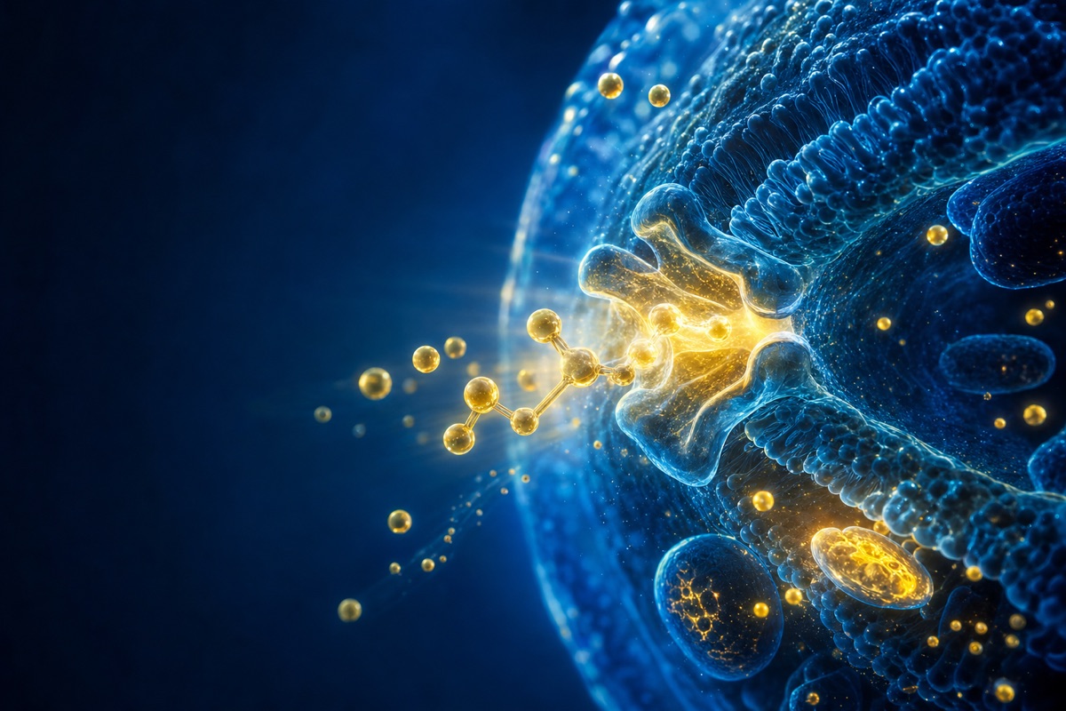 Cinematic render of electrolyte ions and creatine entering a cell