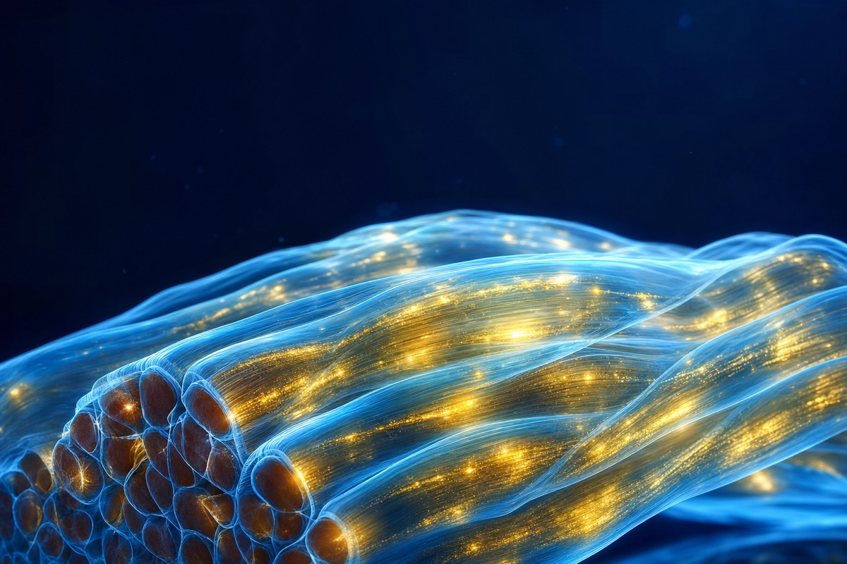 Glowing translucent muscle fibers swelling with fluid