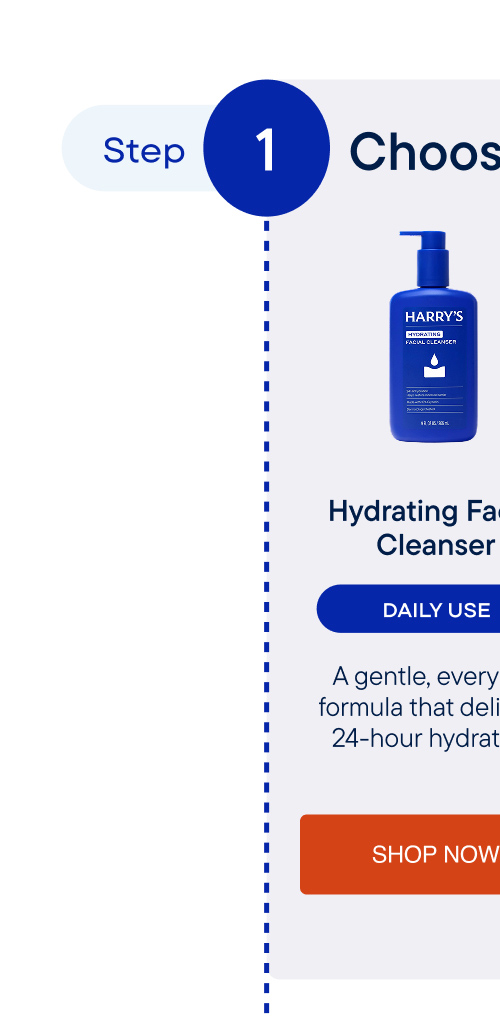 Harry's Hydrating Facial Cleanser — a gentle, everyday formula that delivers 24-hour hydration. Recommended for daily use.