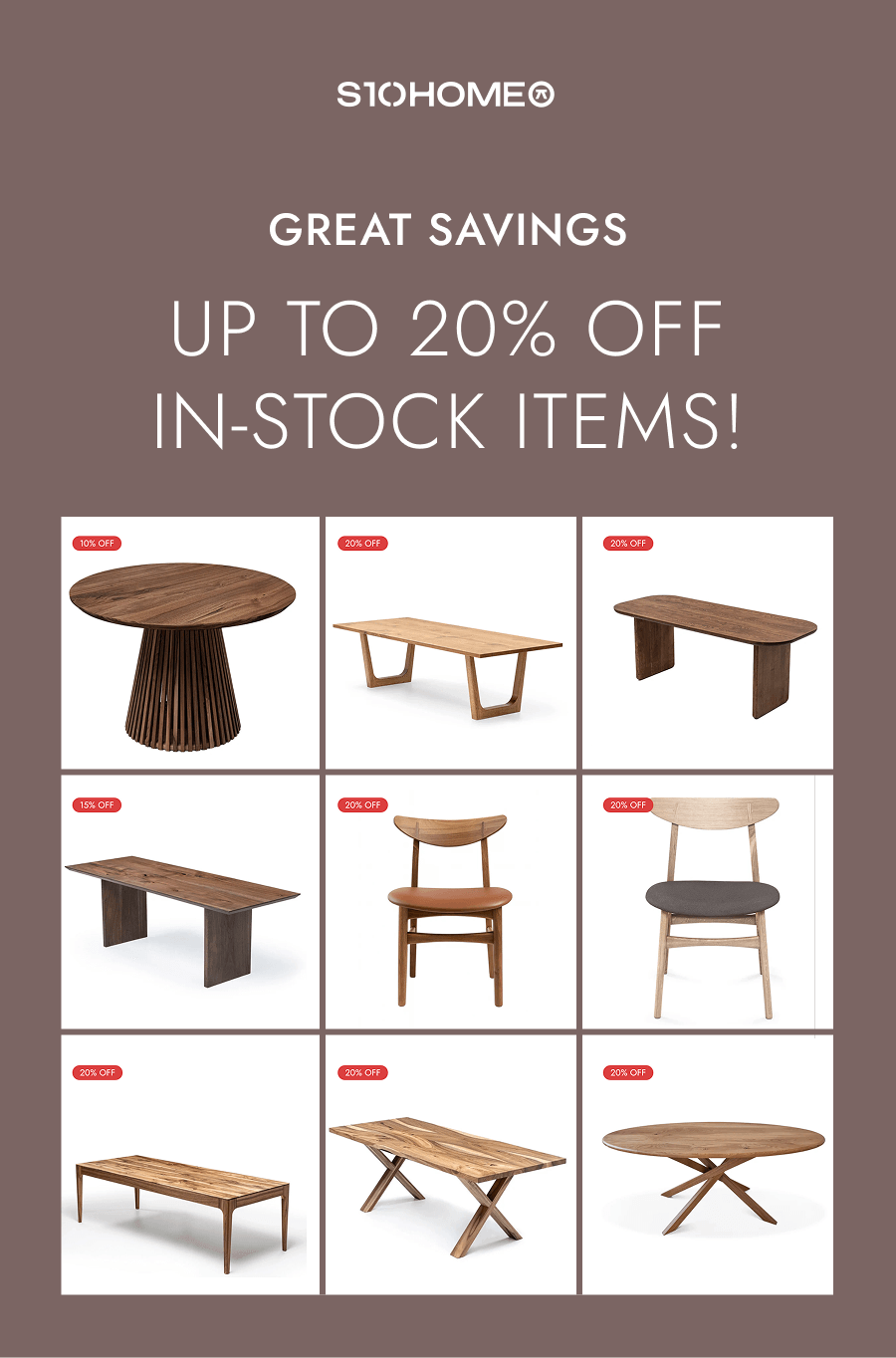 Great savings - up to 20% off in-stock items!