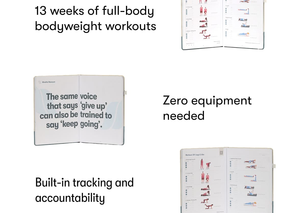 13 weeks of full-body bodyweight workouts  Zero equipment needed  Built-in tracking and accountability  Designed to help you stay consistent no matter your fitness level