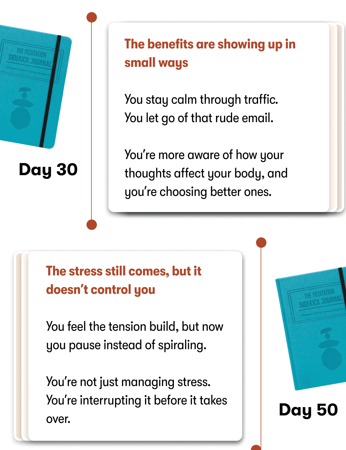 The benefits are showing up in small ways  You stay calm through traffic.  You let go of that rude email.  You're more aware of how your thoughts affect your body, and you're choosing better ones.