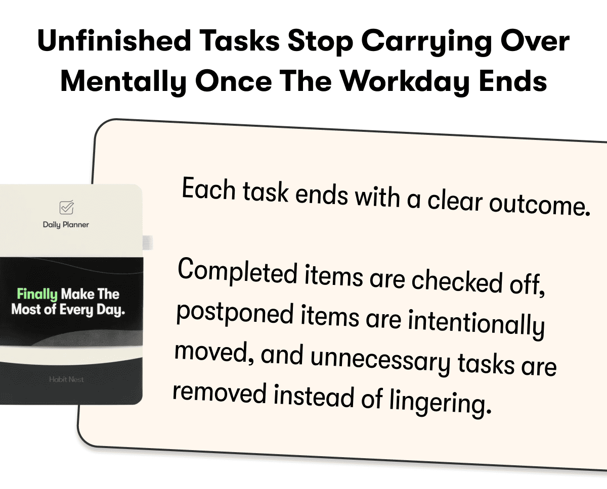 Unfinished tasks stop carrying over mentally once the workday ends | Each task ends with a clear outcome.  Completed items are checked off, postponed items are intentionally moved, and unnecessary tasks are removed instead of lingering.