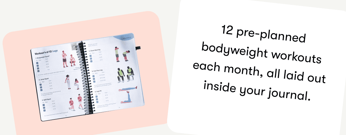 12 pre-planned bodyweight workouts each month, all laid out inside your journal.