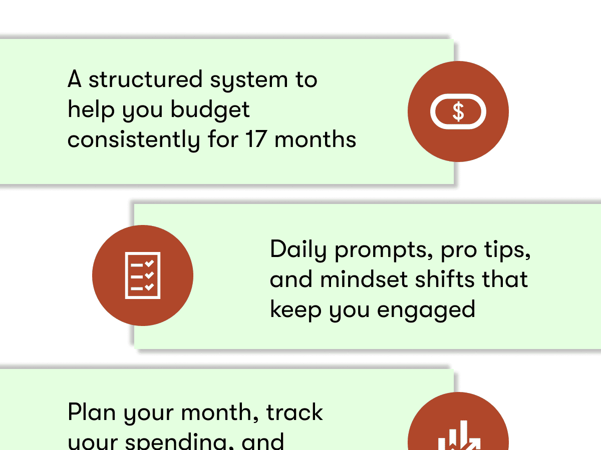 A structured system to help you budget consistently for 17 months  Daily prompts, pro tips, and mindset shifts that keep you engaged  Plan your month, track your spending, and   adjust as you go