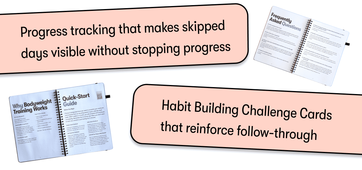 Progress tracking that makes skipped days visible without stopping progress | Habit Building Challenge Cards that reinforce follow-through