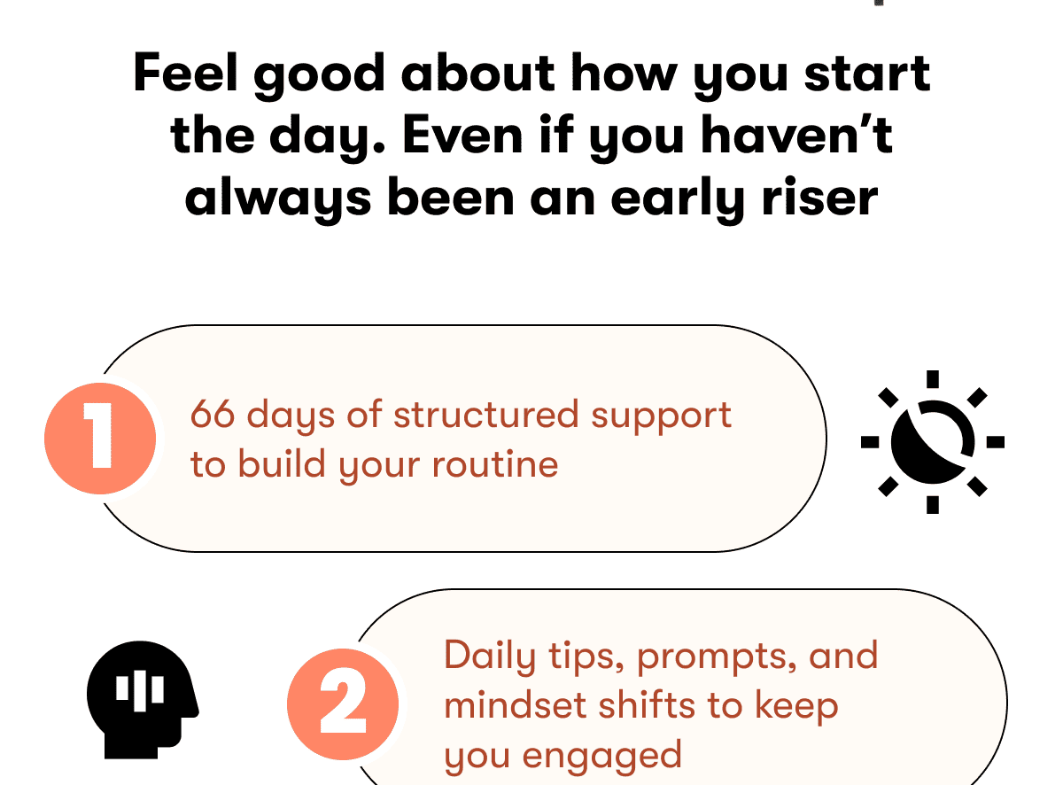 Feel good about how you start the day. Even if you haven't always been an early riser  66 days of structured support to build your routine Daily tips, prompts, and mindset shifts to keep you engaged 