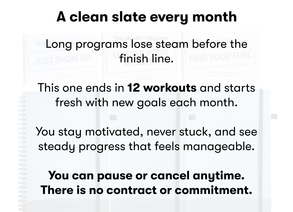 A clean slate every month | Long programs lose steam before the finish line. | This one ends in 12 workouts and starts fresh with new goals each month. | You stay motivated, never stuck, and see steady progress that feels manageable. | You can pause or cancel anytime. | There is no contract or commitment.
