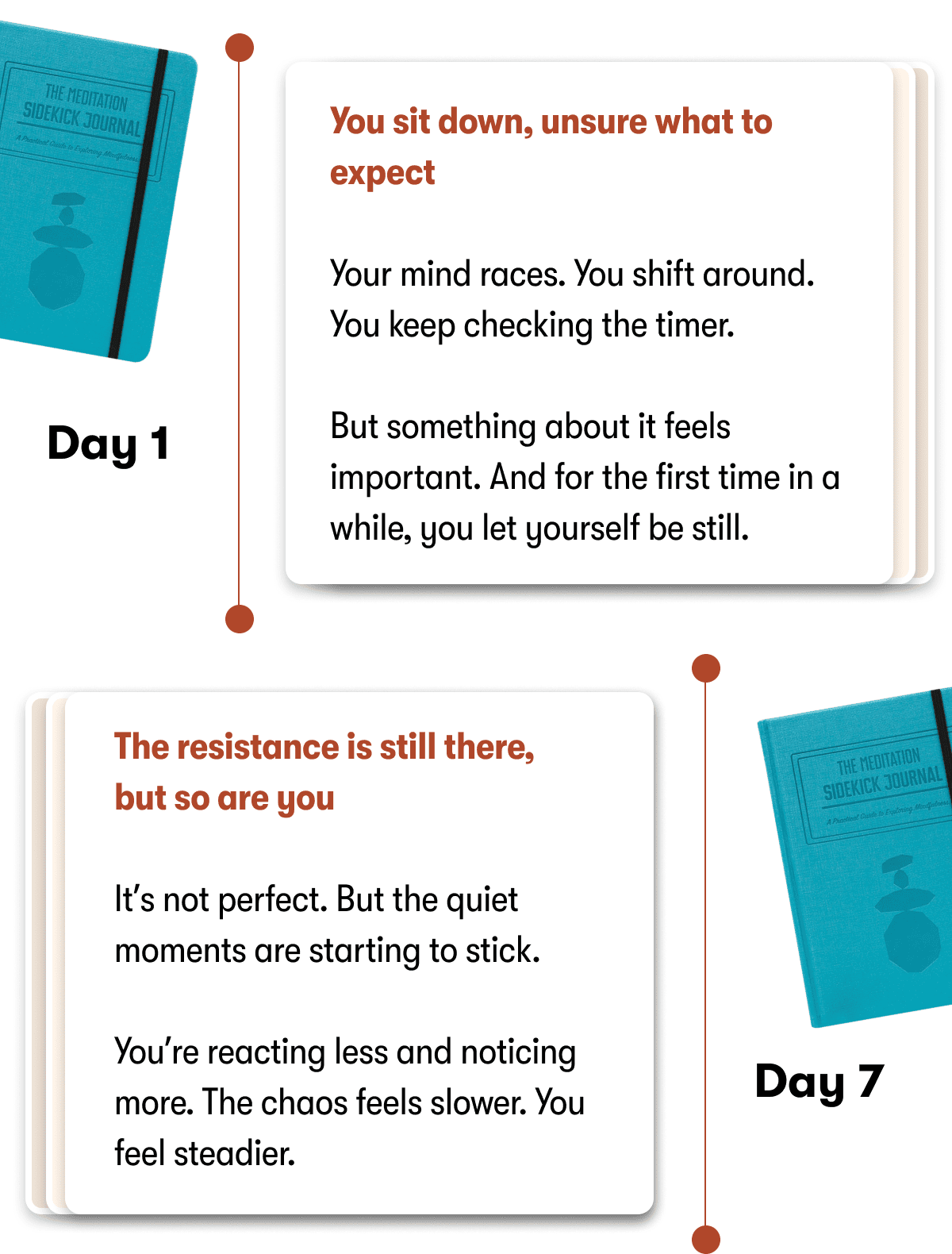 You sit down, unsure what to expect  Your mind races. You shift around. You keep checking the timer.  But something about it feels important. And for the first time in a while, you let yourself be still.