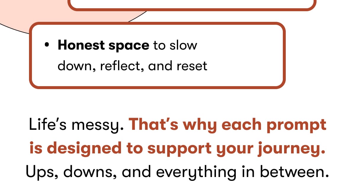 Honest space to slow down, reflect, and reset  Life's messy. That's why each prompt is designed to support your journey. Ups, downs, and everything in between.