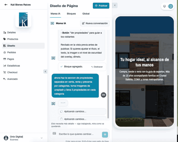 Editor por bloques de Marea con Marea IA armando una sección en vivo