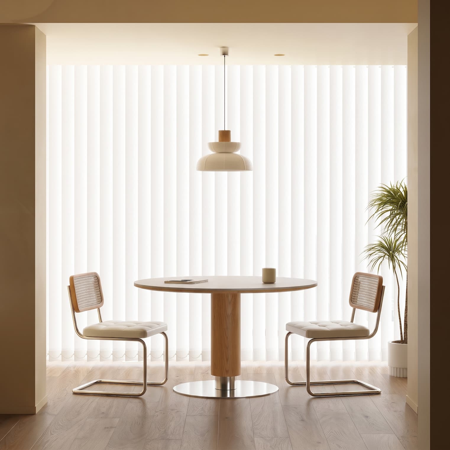 Marcel Breuer 1928 Cesca chair with handwoven cane seat in modern minimalist interior