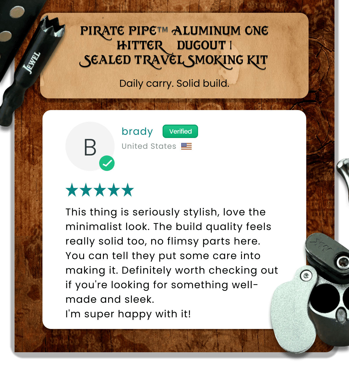 Pirate Pipe™ Aluminum One Hitter Dugout |  Sealed Travel Smoking Kit