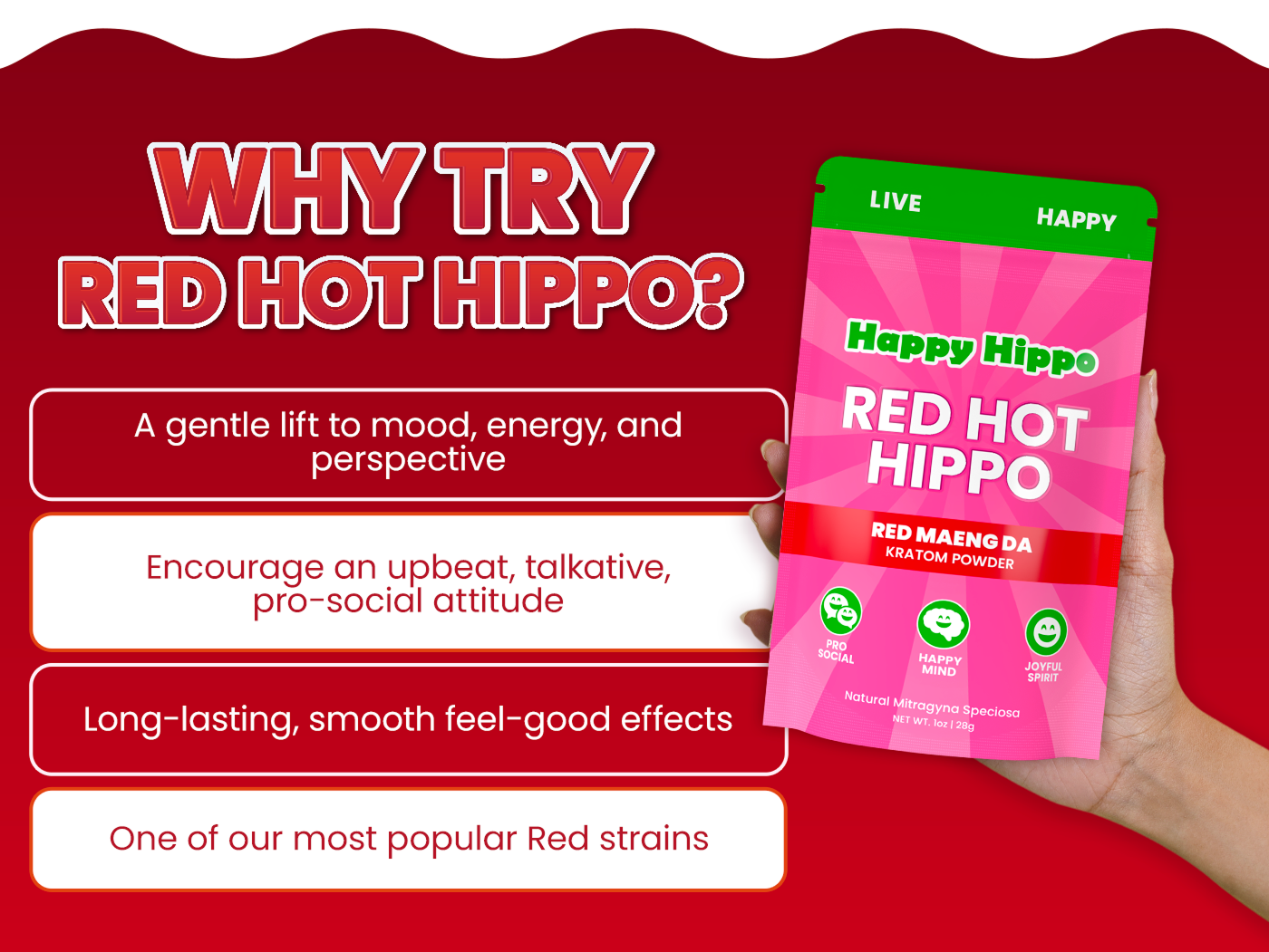 Why try Red Hot Hippo? Benefits include mood lift, energy, upbeat attitude, smooth effects, and popularity, with product image held in hand.