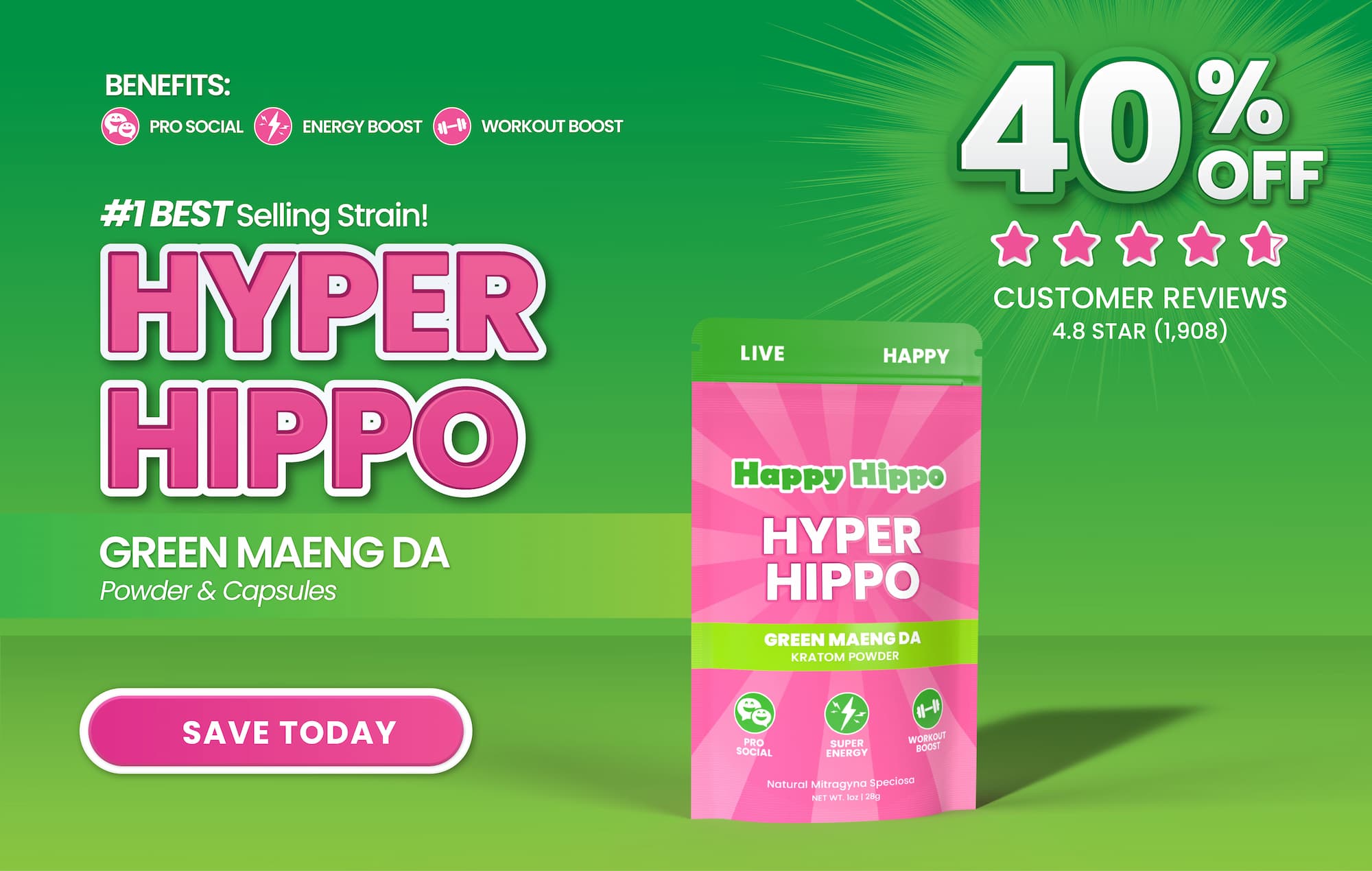 Hyper Hippo - Elite Green Maeng Da Kratom 40% OFF Sale