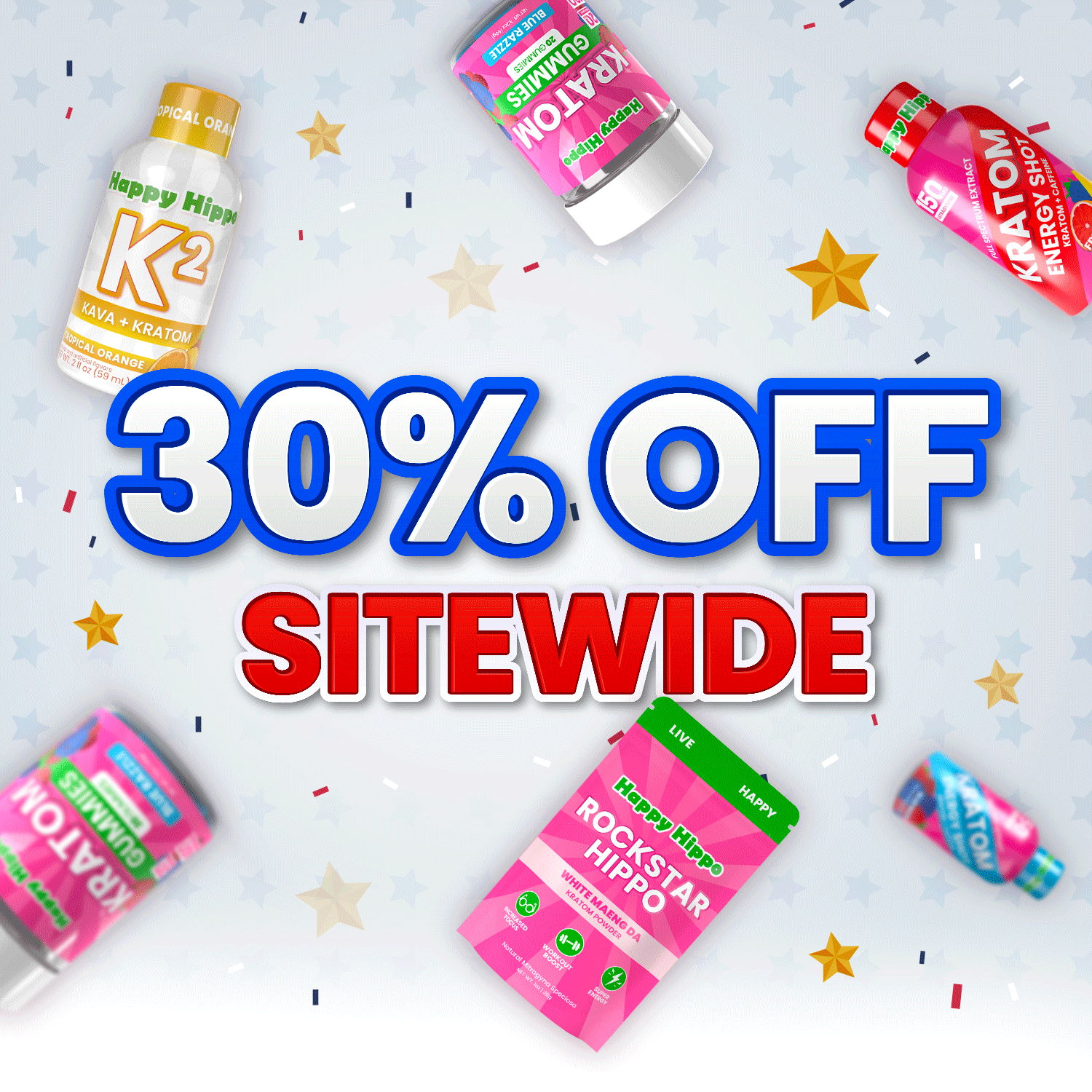 Memorial Day sale graphic featuring 30% off sitewide with Happy Hippo products and confetti.
