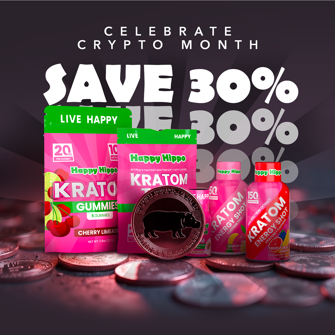 Promotional banner for Happy Hippo Kratom products featuring gummies and energy shots, with text 'Celebrate Crypto Month, Save 30%.'