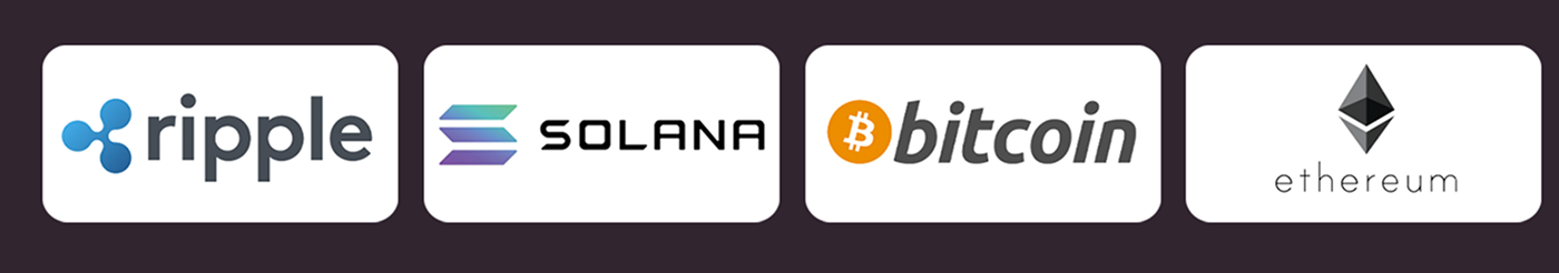 Logos of popular cryptocurrencies: Ripple, Solana, Bitcoin, and Ethereum.