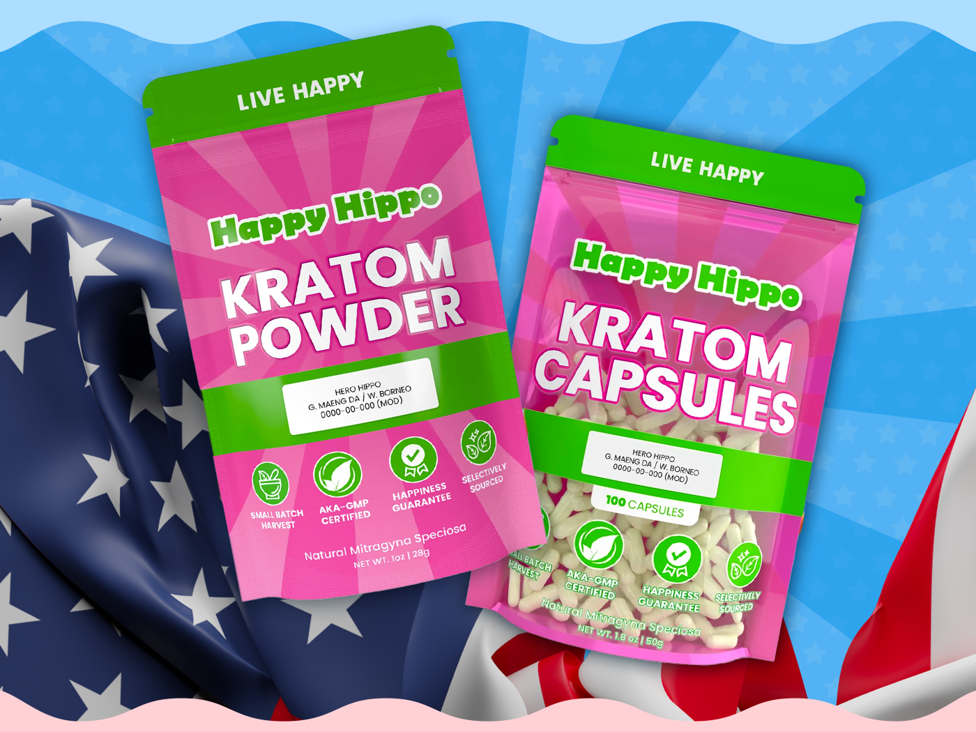 Hero Hippo Kratom Powder and Capsules on a background of waving American flag.