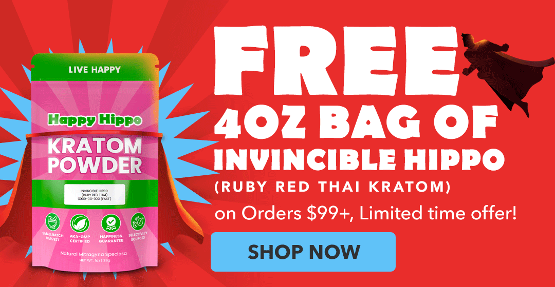 Promotional banner showing Invincible Hippo Kratom Powder with text offering a free 4oz bag of Invincible Hippo on orders over $99.
