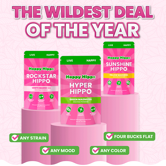Rotating Happy Hippo Kratom pouches in various strains (Rockstar Hippo, Hyper Hippo, Sunshine Hippo) displayed as part of a 'Wildest Deal of the Year' promotion.