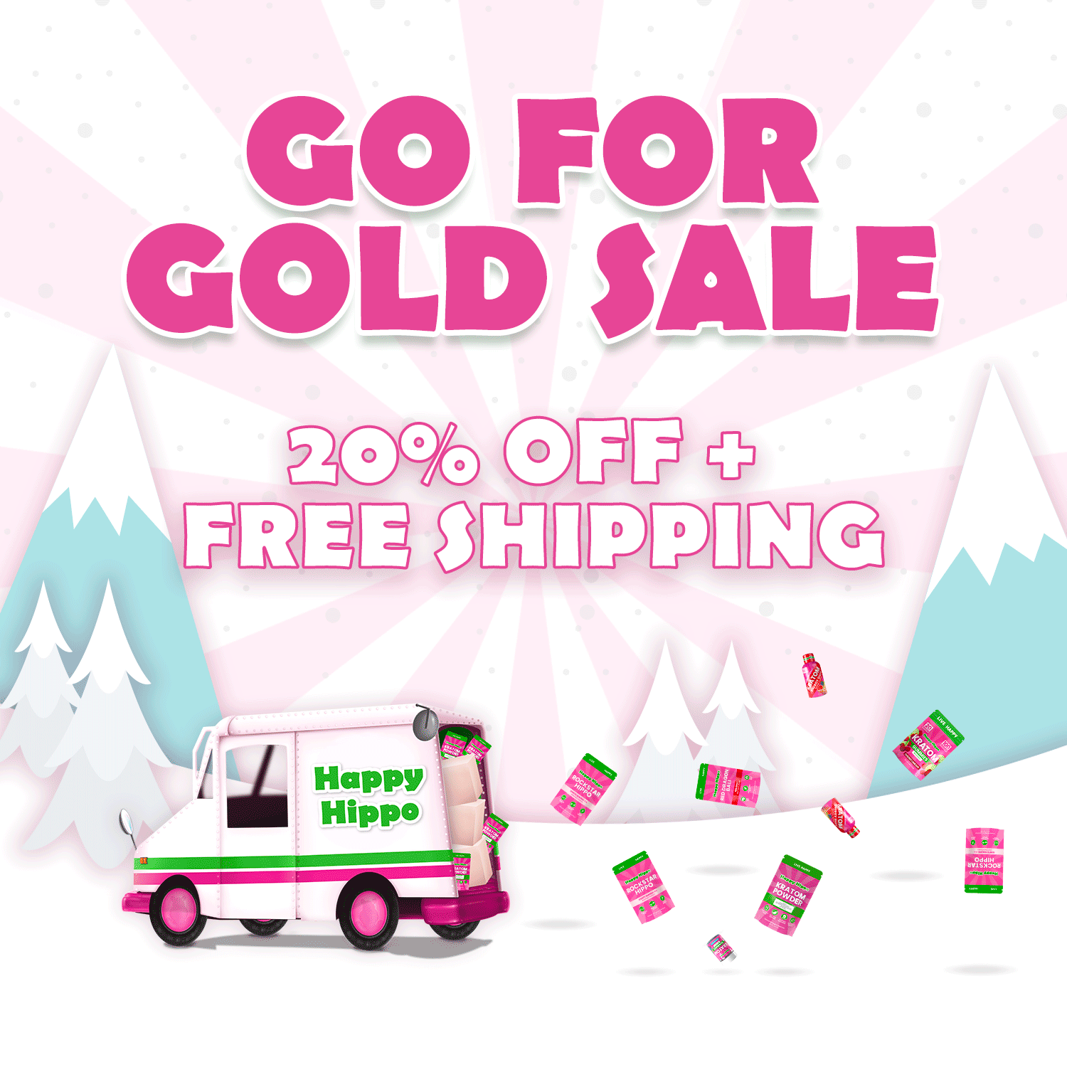 Go For Gold Sale promotional graphic featuring bold pink text reading 'Go For Gold Sale – 20% Off + Free Shipping