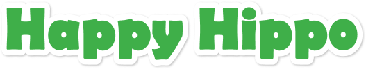Happy Hippo logo with bold green text and white outline.