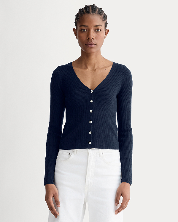 Image | Model in The Cardigan in Ultrasoft Merino | Navy