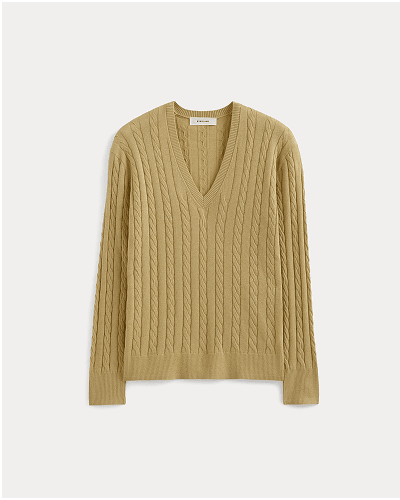 Image | The Cable V-Neck in Cotton Cashmere | Classic Khaki