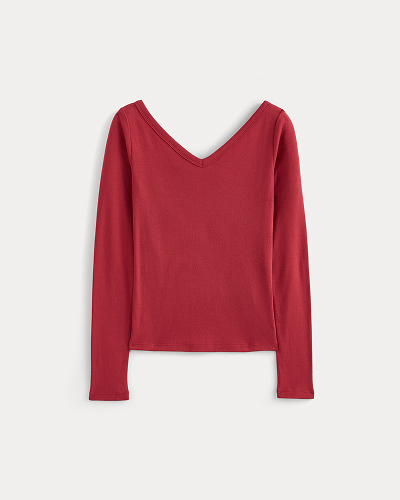 Image | RetroSoft Cotton Wide V-Neck Top | Vintage Red 