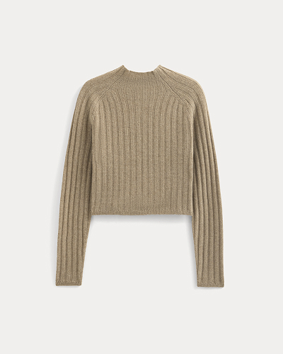 Image | Funnel-Neck Cropped Sweater in Wool Cashmere | Oatmeal