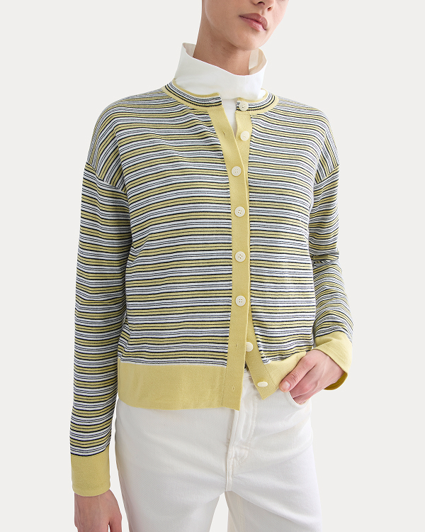 Image | Crew Cardigan in Ultrasoft Merino | Double Cream Multi Stripe