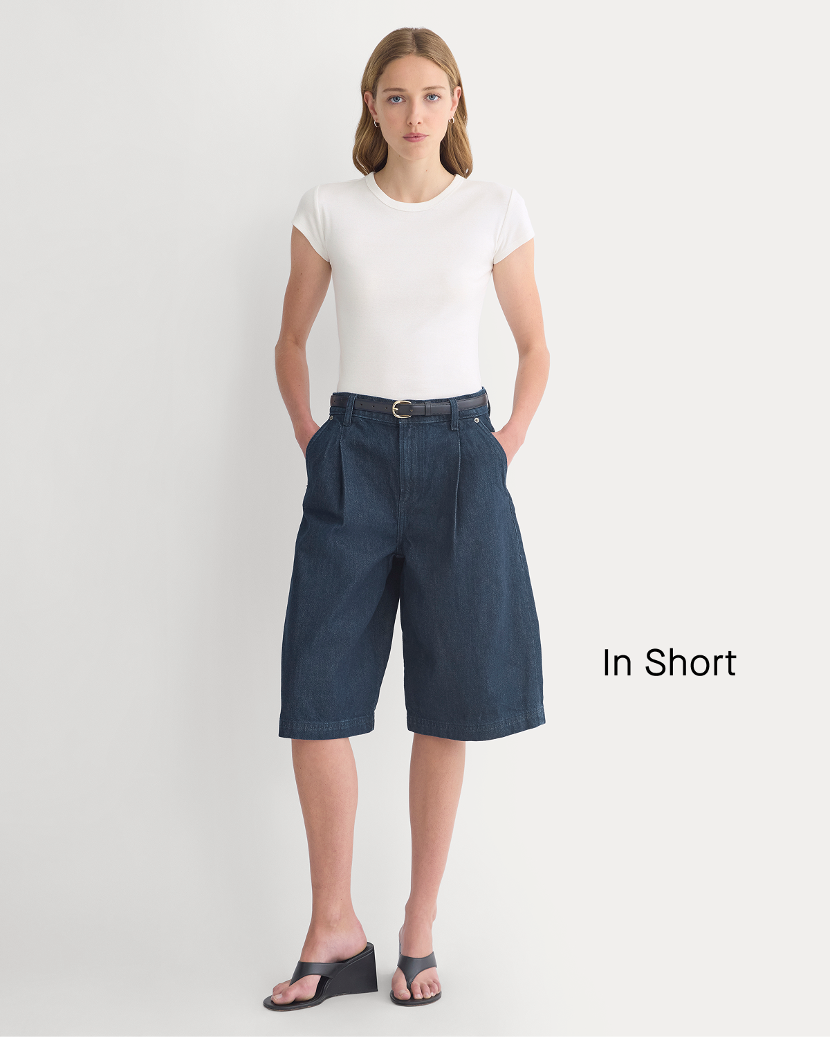 Image | In Short | Model in High-Rise Pleated Culotte | Dark Rinse