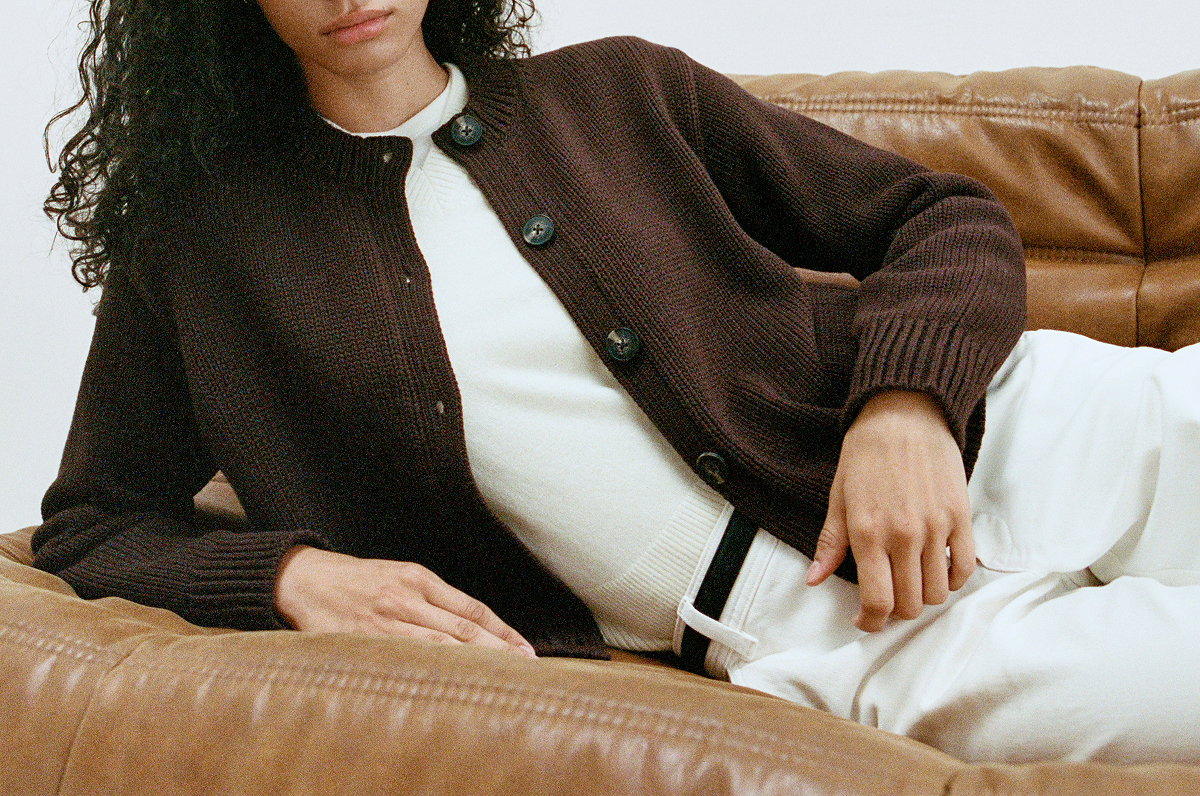 Editorial Image | Model wearing Open-Knit Cardigan Crew in Elevated Cotton | Coffee Bean
