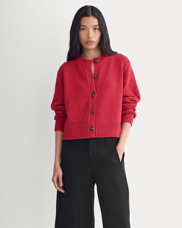 Image | Model in Open-Knit Cardigan Crew in Elevated Cotton | Vintage Red