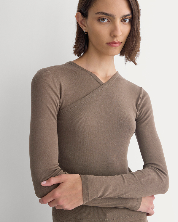 Image | Model in Tissue Double Layer One Shoulder Top | Deep Taupe