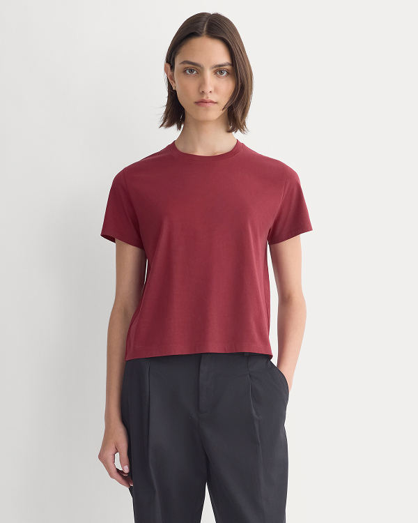 Image | Model wearing The Box-Cut Tee in Essential Cotton | Cabernet