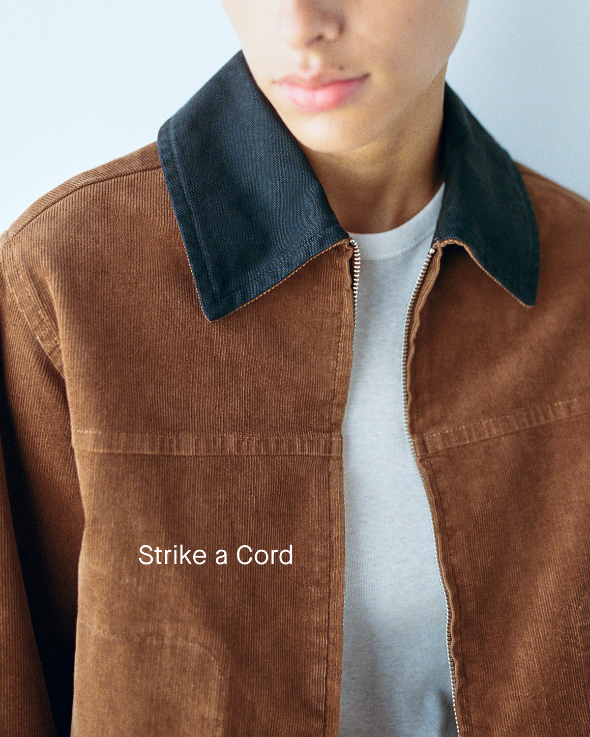 Editorial Image | Strike a Cord | Model wearing Stretch Corduroy Zip Jacket in Toffee