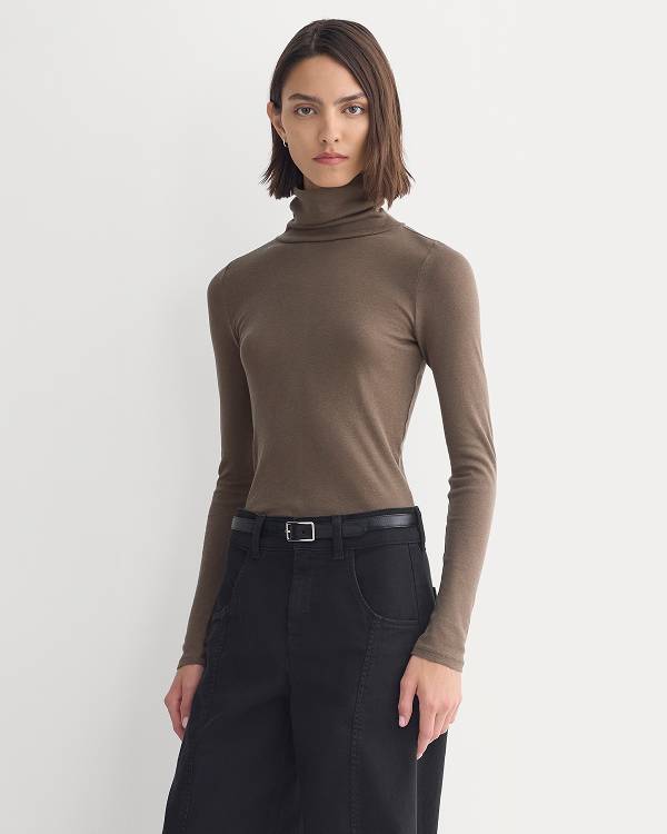 Image | Model in Tissue Long-Sleeve Turtleneck | Deep Taupe