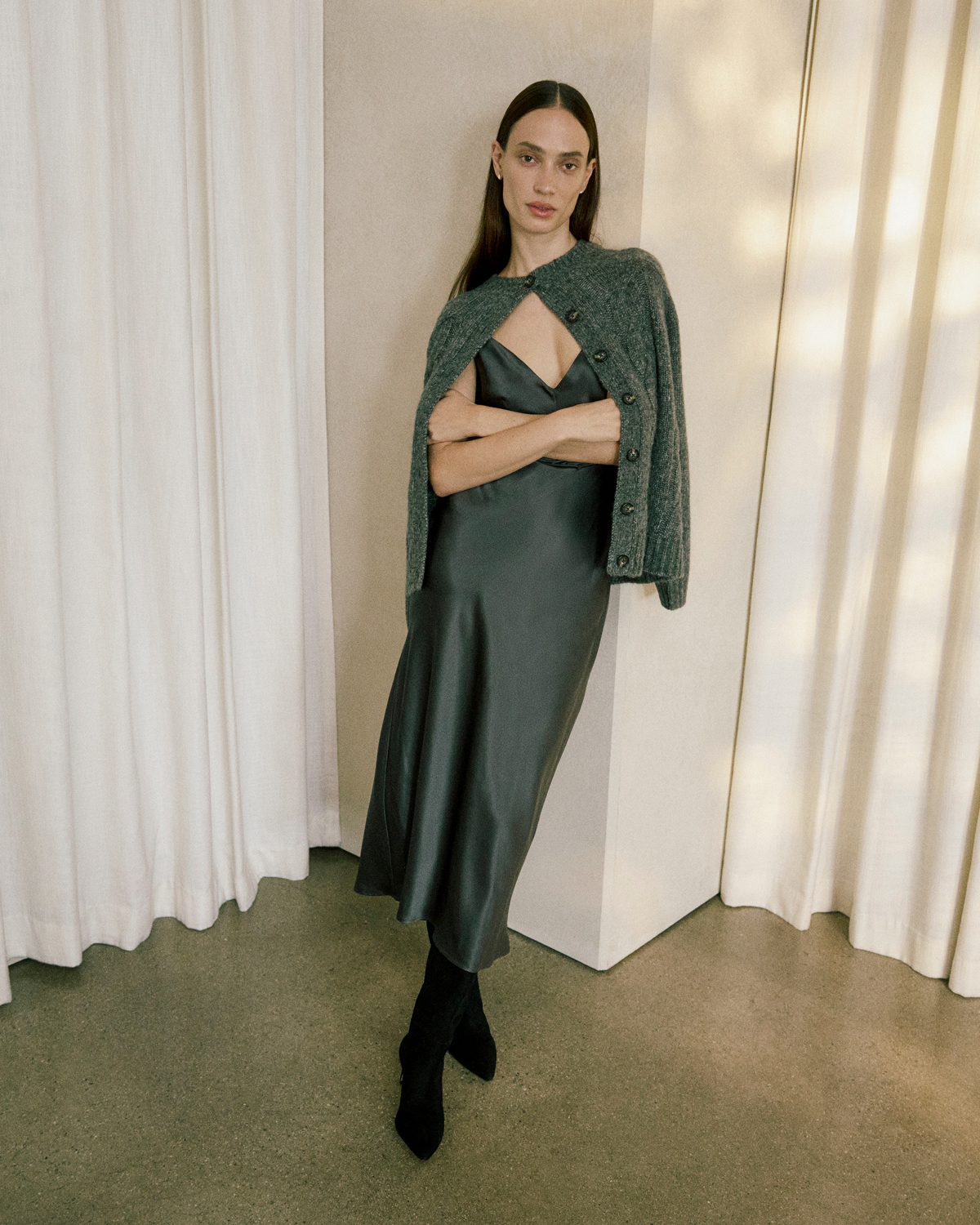 Image | Model in Bias Cut Slip Dress in Silk Charmeuse | Graphite