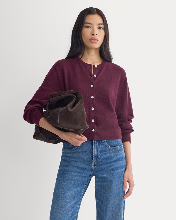 Image | Model in Cashmere Cropped Cardigan | Deep Plum