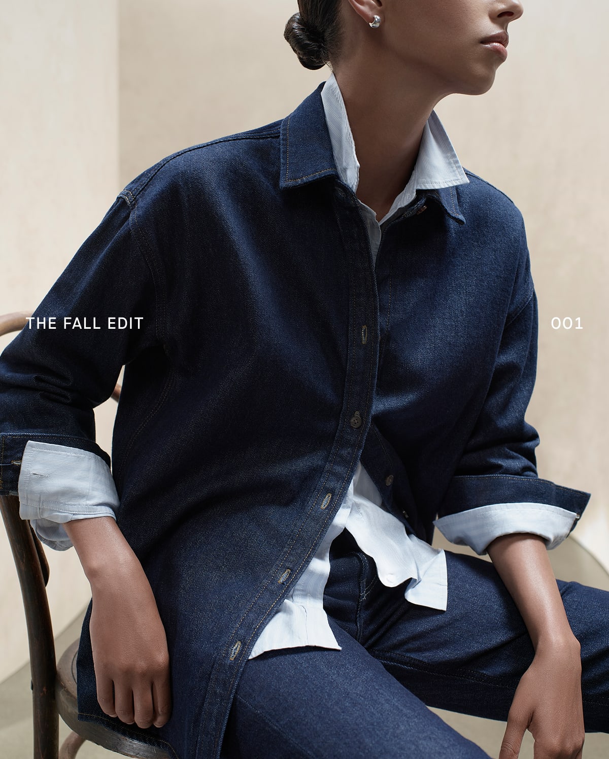 Image | The Fall Edit 001 | Model in The Oversized Denim Shirt, The Must-Have Shirt in Silky Cotton, and Boyfriend Jean 