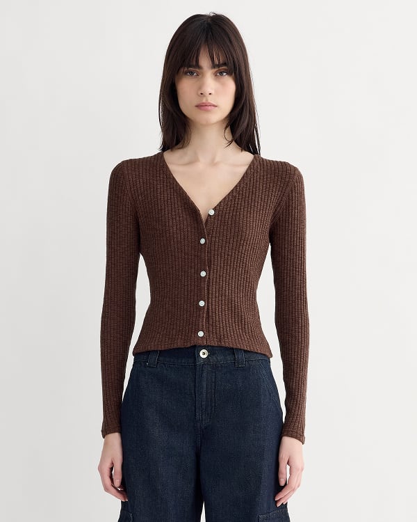 Image | Cashmere Ribbed V-Neck Cardigan | Dark Mahogany